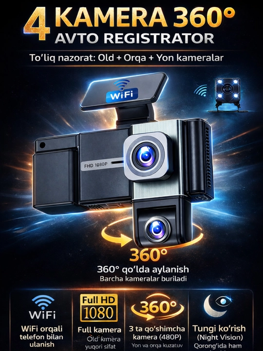 Avto WiFi videoregistratori, 3 va 4 kamera, salonni yozib olish va Full HD 1080p 2K ovoz - 