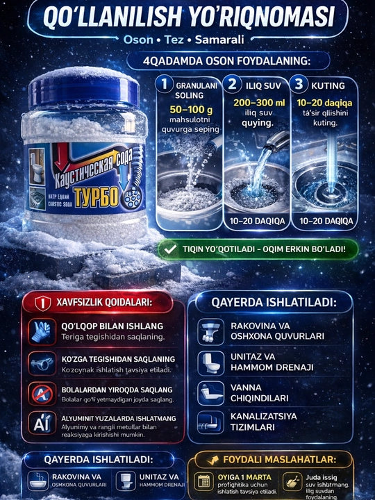 Kaustik soda (Natriy gidroksid) “Turbo” granulali tozalovchi vosita