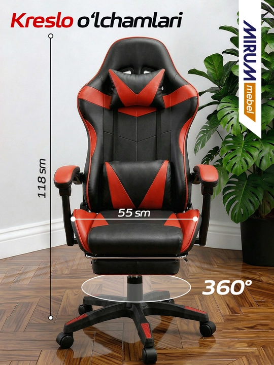 Game kreslo, 6 xil rangda, oyoq qo'ygich bilan, eko-kojadan, bosh va bel yostiqlari