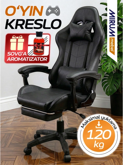 Игровое-кресло, 6 цветов, с подставкой для ног,из эко-кожа, с подушками для головы и спины — MIRUMMB-GAMEKRESLO-ЧЕРН