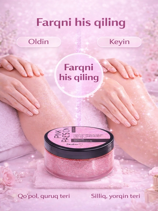 Terini yangilovchi va tekislovchi Pink Passion shimmerli tana skrabi, 200 g