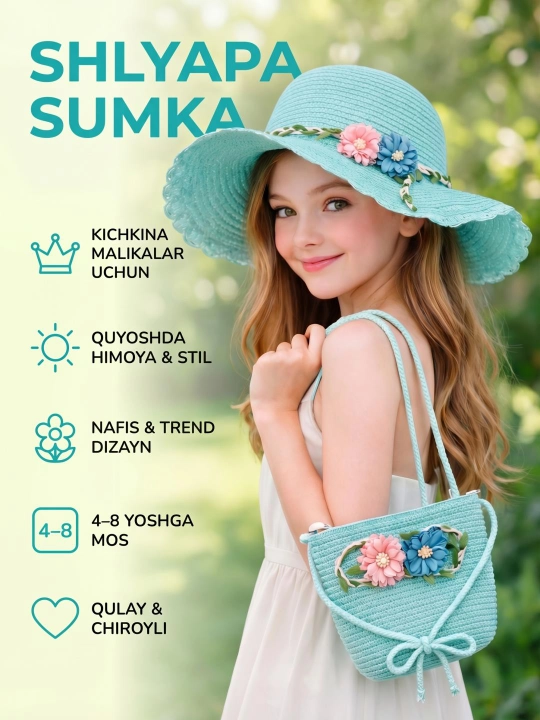 Qizlar uchun shlyapa va sumka 4-8 yosh quyoshdan himoya yozgi panama moda - 