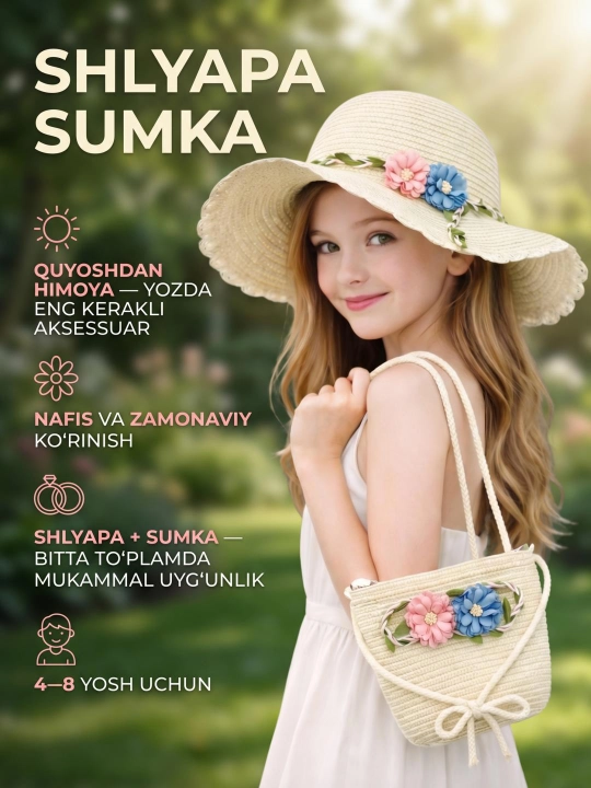Qizlar uchun shlyapa va sumka 4-8 yosh quyoshdan himoya yozgi panama moda - 