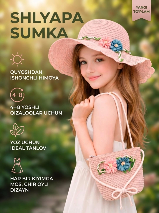 Qizlar uchun shlyapa va sumka 4-8 yosh quyoshdan himoya yozgi panama moda - 