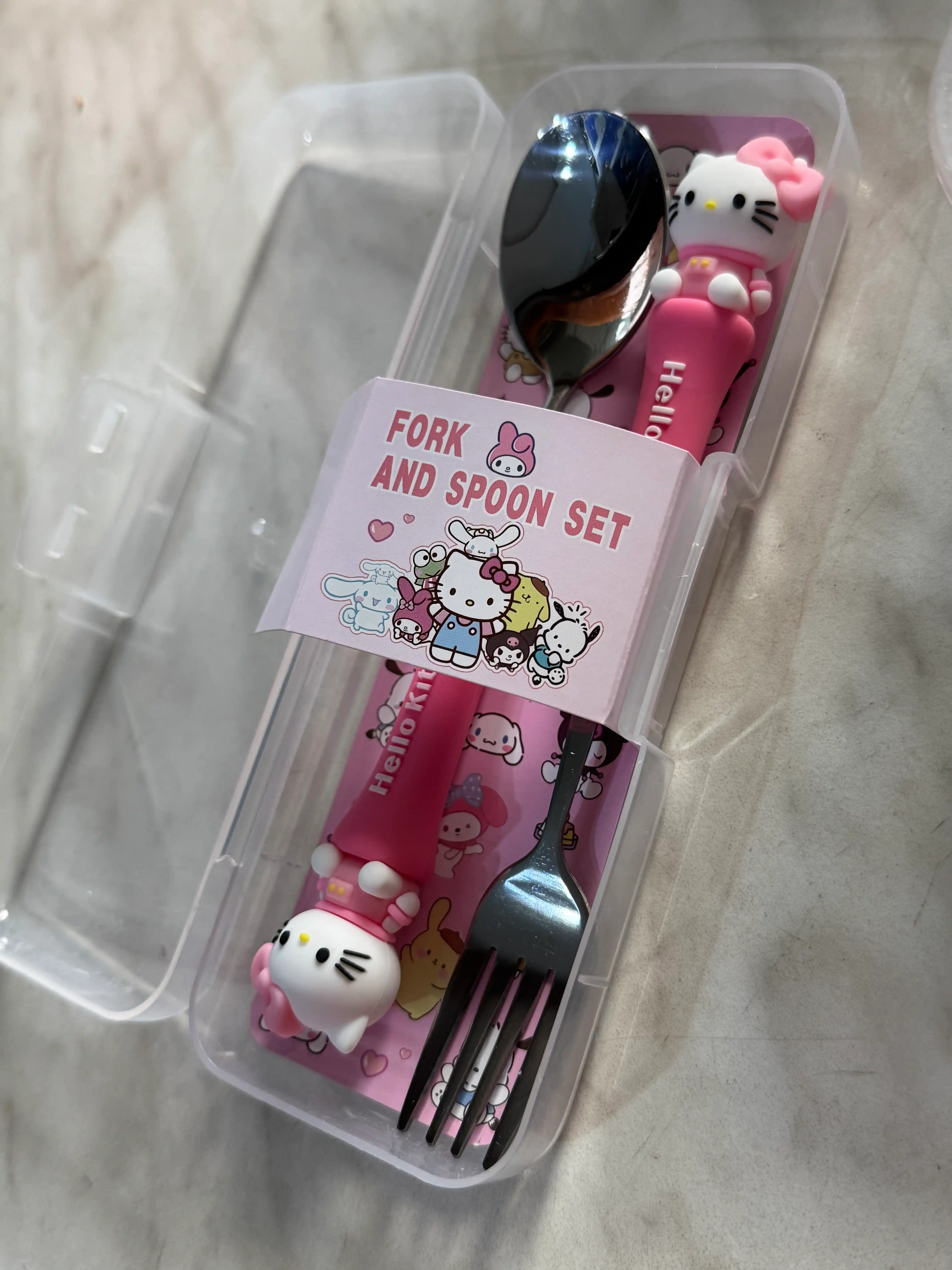 Hello Kitty,Stich,Melody,Panda stol priborlari nabori qoshiq + vilka, 17 sm, quti bilan