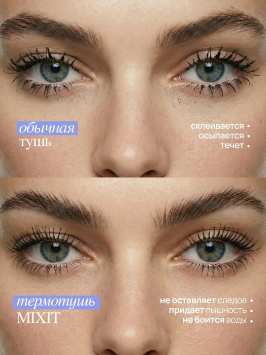 MIXIT Тушь, термотушь влагостойкая удлиняющая черная. Стойкость до 48 часов MAKE UP, 10гр