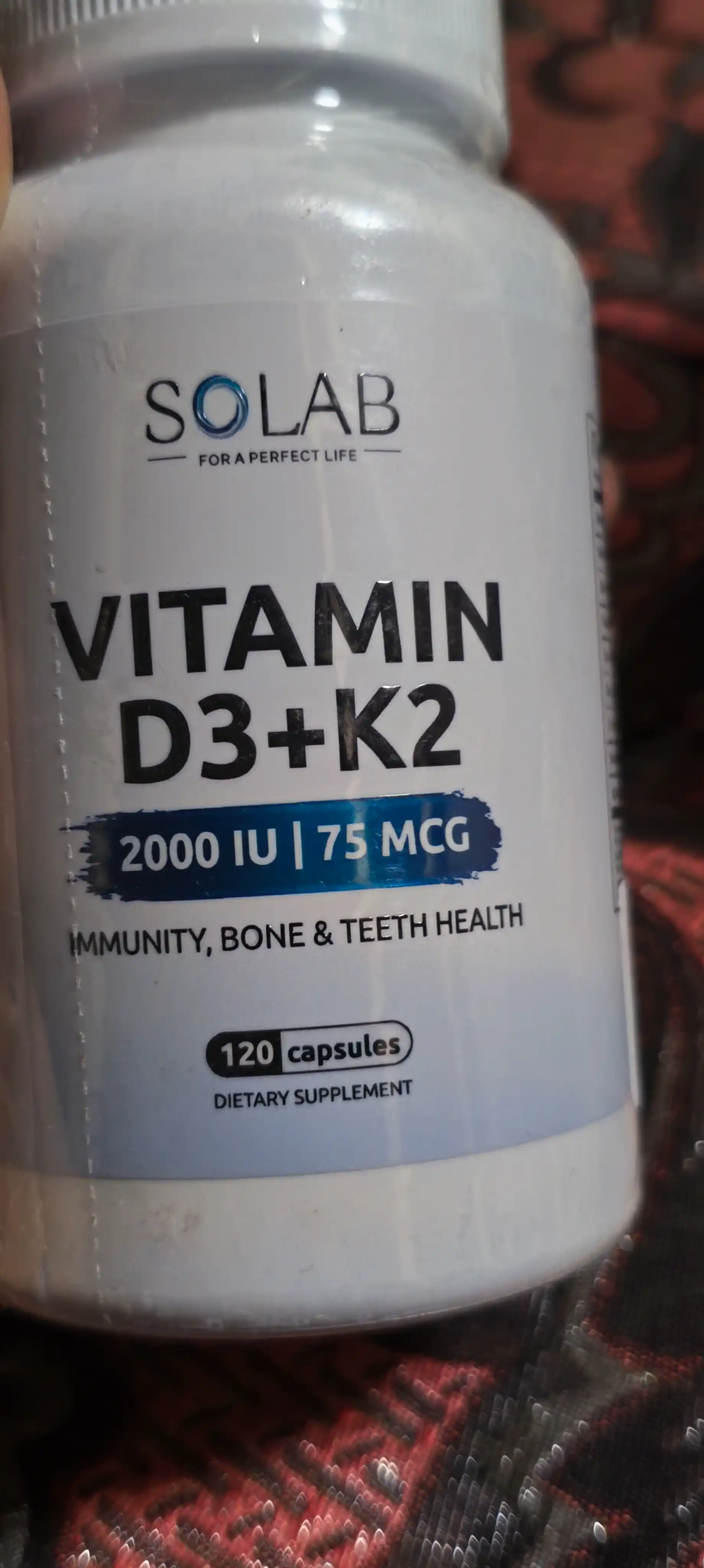 Витамин D3+К2, SOLAB, D3 2000 МЕ, 120 капсул