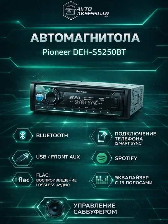 Магнитола Pioneer DEH-S5250BT для автомобиля, 1-DIN, черная, Bluetooth, USB, AUX