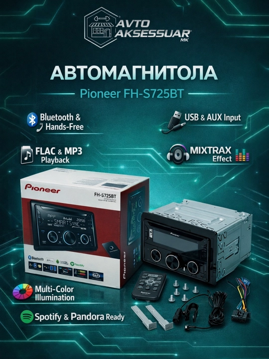 Автомагнитола Pioneer FH-S725BT, 2DIN магнитола для автомобиля, Bluetooth AUX USB CD