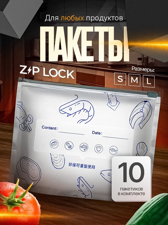 Zip paketlar, muzlatish, saqlash uchun paketlar, ko‘p martalik,5dona,10 dona, 3 o‘lchamli - 