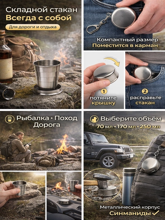 Katlanadigan metall stakan, sayohat uchun ryumka g‘ilof bilan