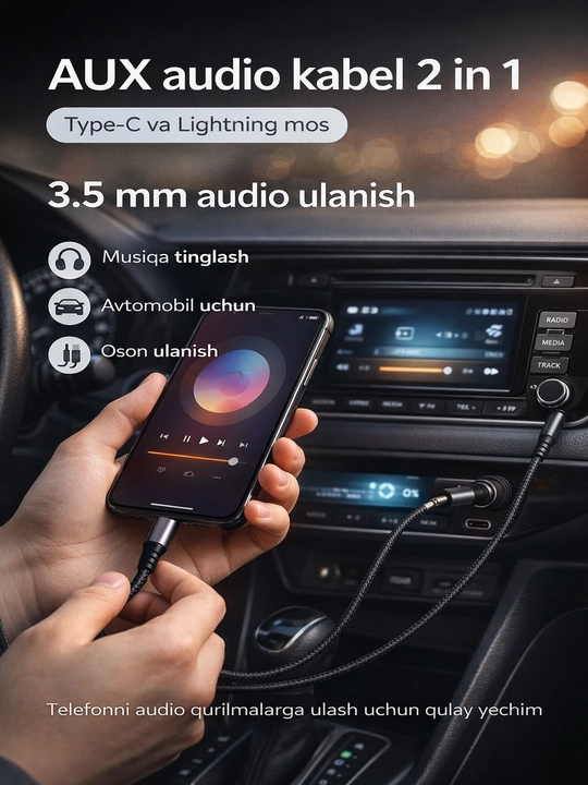 Аудиоадаптер: кабель Type-C на 3,5 мм AUX, кабель Lightning на AUX
