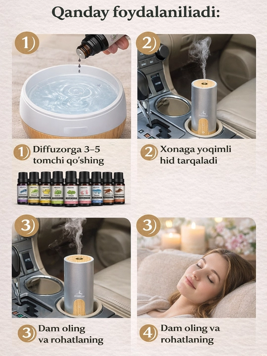 Aromatizator efir moy diffuzor, efir moylar to‘plam, avtomobil uchun, uy, aromaterapiya