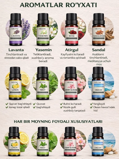 Aromatizator efir moy diffuzor, efir moylar to‘plam, avtomobil uchun, uy, aromaterapiya