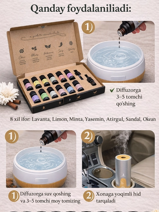 Aromatizator efir moy diffuzor, efir moylar to‘plam, avtomobil uchun, uy, aromaterapiya