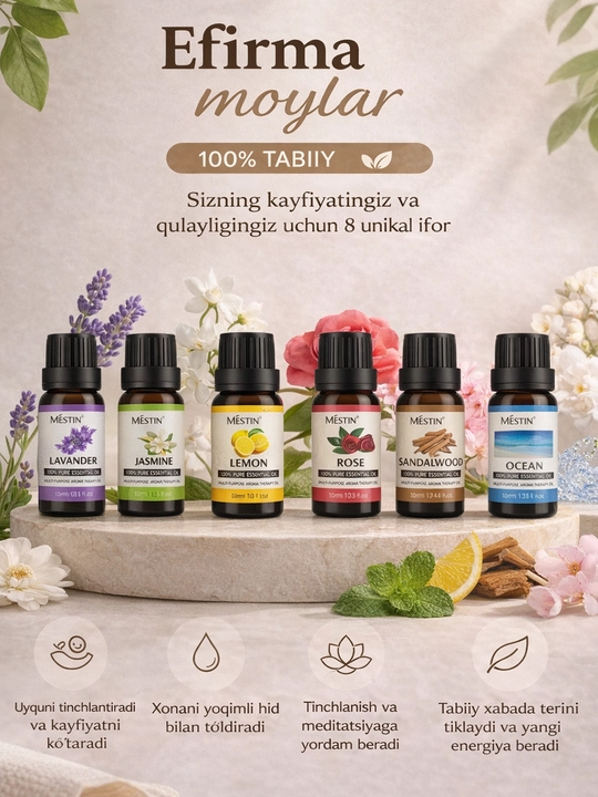 Aromatizator efir moy diffuzor, efir moylar to‘plam, avtomobil uchun, uy, aromaterapiya