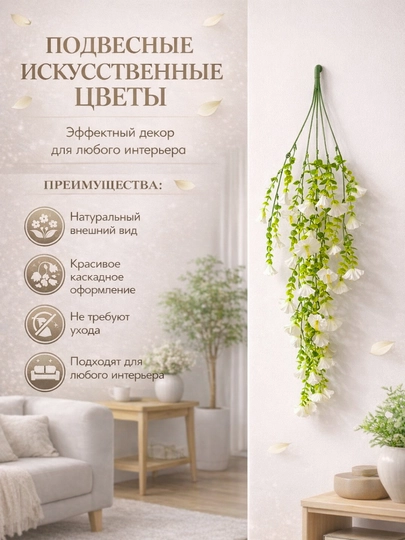 Подвесные искусственные цветы каскадные для интерьера — HOMEUM-SVETIPODVESNIYE-КРЕМОВ