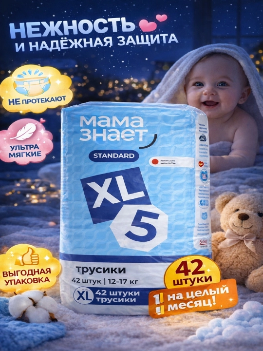Bolalar uchun taglik-trusiklar standart XL (12–17 kg), 42 dona, tungi - 
