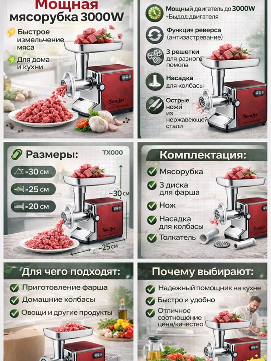 Мясорубка Sonifer SF-5001 электрическая мясорубка 3000 Вт из нержавеющей стали