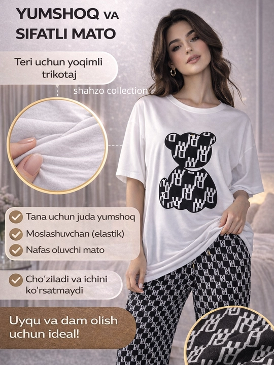 Ayollar pijamasi, uy kiyimi yumshoq elastik nafas oluvchi qulay to‘plam (futbolka+shim)