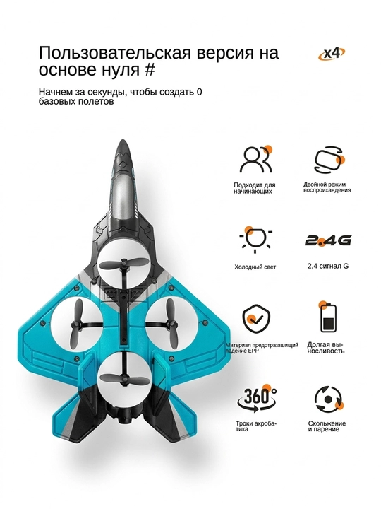Дрон-самолет STNRL Raptor 4D-V17: Трюковой квадрокоптер истребитель на пульте ударопрочный