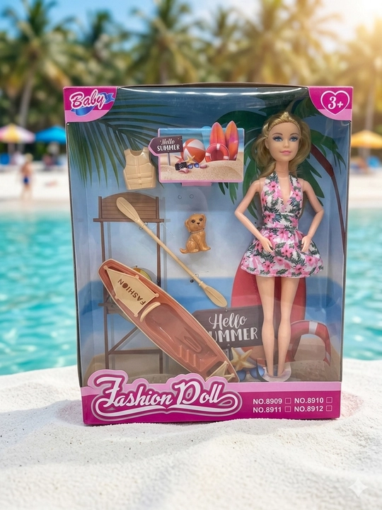 Fashion Doll "Dengiz sayohati" qo‘g‘irchog‘i: Qayiq, kuchukcha va plyaj aksessuarlari to‘plami