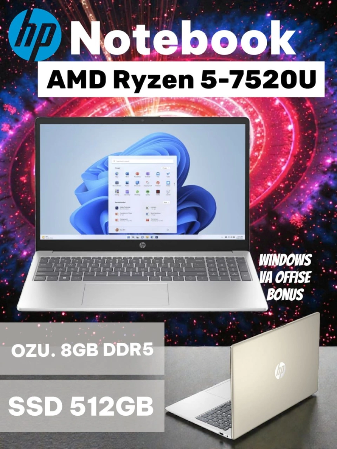 Ноутбук HP AMD Ryzen 5-7520U, DDR5 8GB/512GB  FHD IPS 15.6 Win 11, Backlit + Мышка+Коврик за 5679000 сум со скидкой 15%. Uzum Market