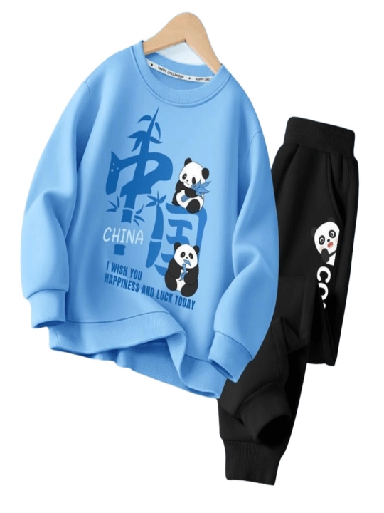 Bolalar uchun “Panda” printli sport kiyim to‘plami svitshot + shim - 