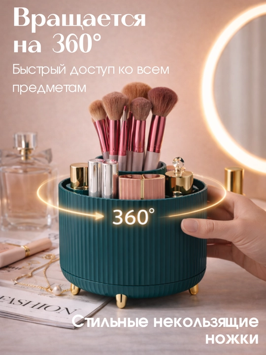 Органайзер для косметики вращающийся 360°, бьюти бокс для хранения косметики и кистей