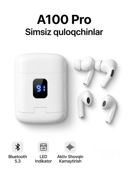 Simsiz quloqchinlar A100 Pro, 2 juft naushnik 1 keysda, Bluetooth 5.3, led displey