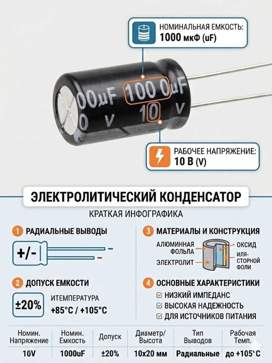 1000 мкФ 10V–63V elektrolitik kondensatorlar to‘plami, 5 dona