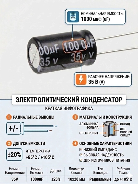 1000 мкФ 10V–63V elektrolitik kondensatorlar to‘plami, 5 dona