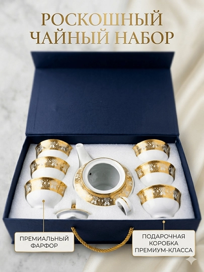 Чайный сервиз из премиального фарфора в подарочной упаковке, 7 предметов, чайник — PRIMAX1-NABORPIALA7V1