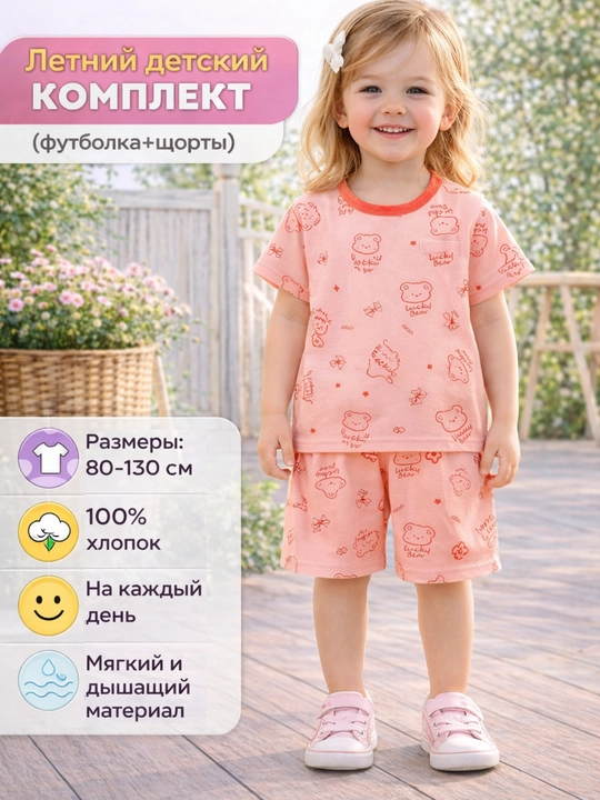 Детский летный комплект одежды, для мальчиков и девочек - футболка и шорты, 100% хлопок - 