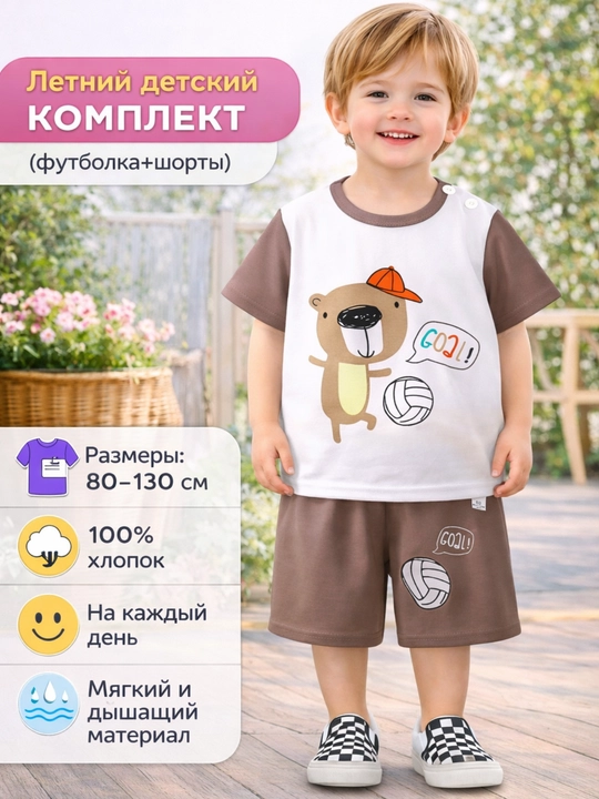 Детский летный комплект одежды, для мальчиков и девочек - футболка и шорты, 100% хлопок - 