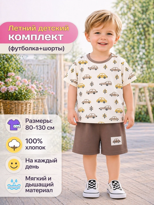 Детский летный комплект одежды, для мальчиков и девочек - футболка и шорты, 100% хлопок - 