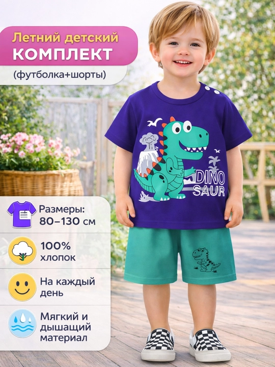 Детский летный комплект одежды, для мальчиков и девочек - футболка и шорты, 100% хлопок - 