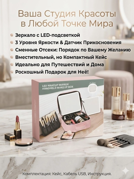 LED chiroqli va ko'zguli kosmetika sumkasi, vizajistlar uchun organayzer - 
