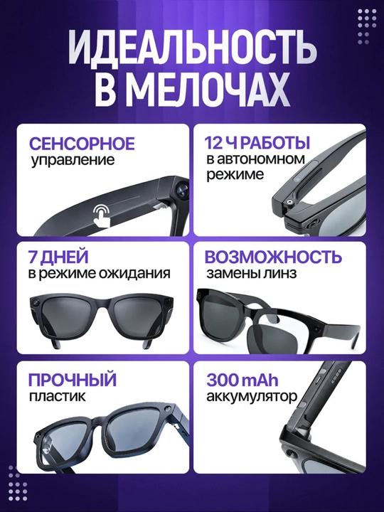 Смарт умные очки с камерой 8 Мегапикселей 1080p HD, искусственный интеллект (AI)