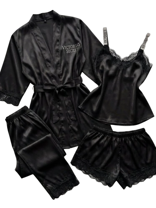 Ayollar uchun 4qismli atlas pijama to'plami – xalat, mayka, shim va shortik, o'lcham 44-50 - 