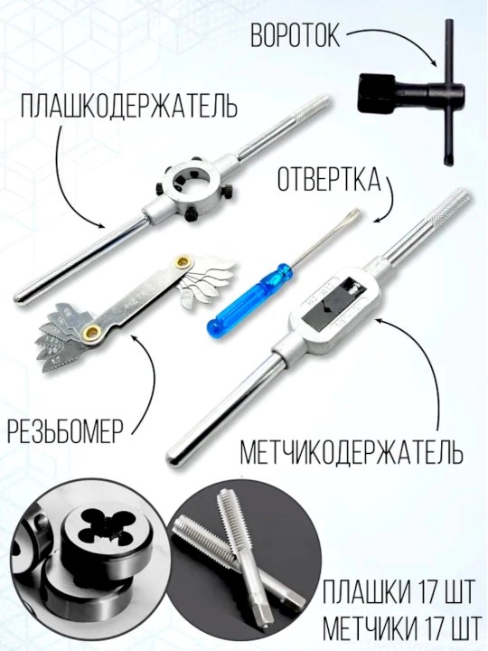 Metchik va plashka to‘plami, rezba ochish uchun, 12, 20, 40 donalik