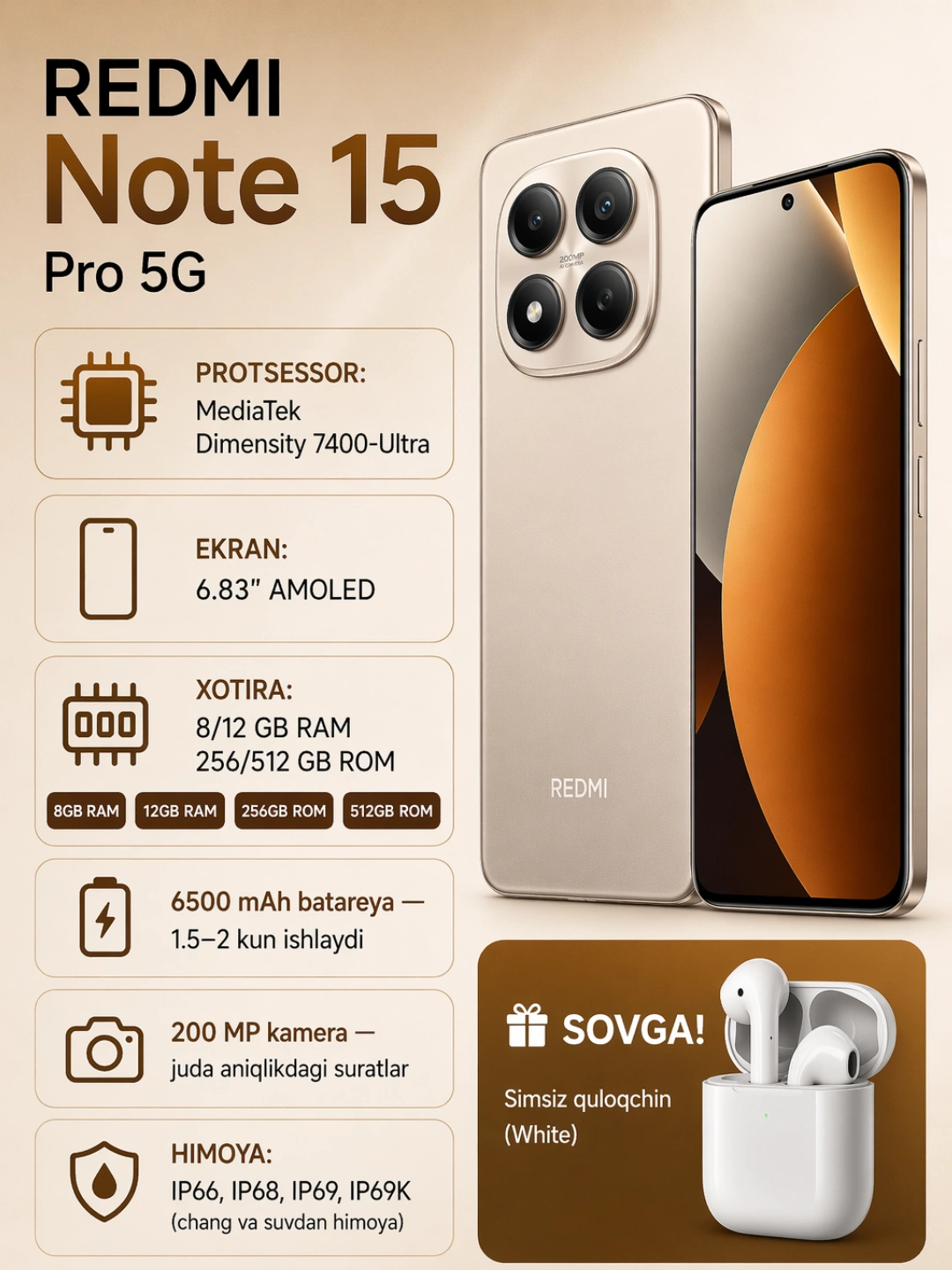 Xiaomi Redmi Note 15 Pro 5G,  +чехол + наушники в подарок, 200Мп, 6580мA/ч за 4259000 сум со скидкой 9%. Uzum Market