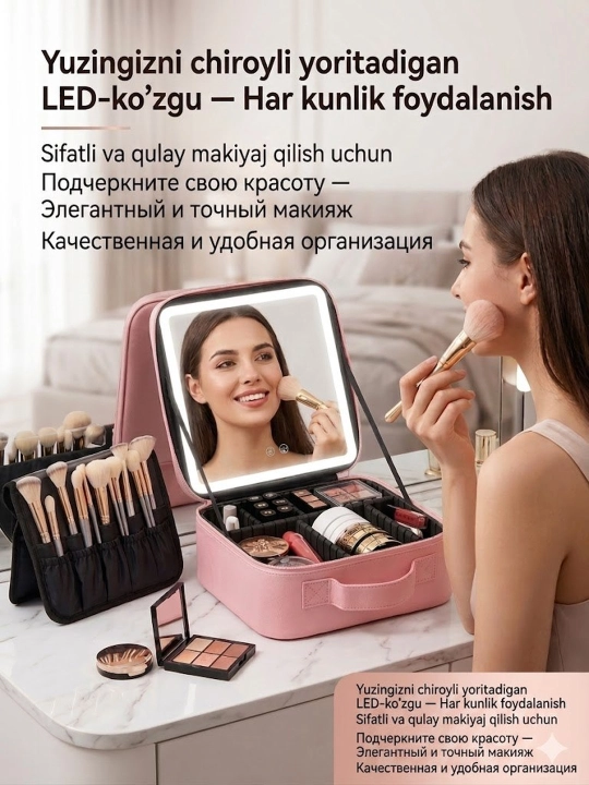 LED chiroqli va ko'zguli kosmetika sumkasi, vizajistlar uchun organayzer