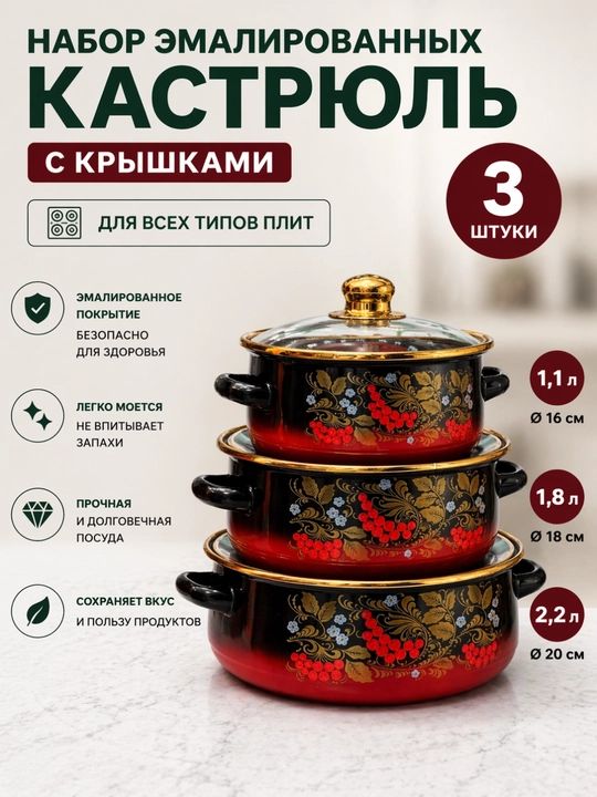 Набор эмалированных кастрюль с крышками 16, 18, 20 см, 3 шт, для всех типов плит - 