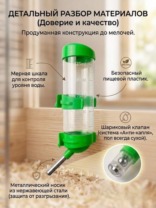 Kemiruvchilar va qushlar uchun avtomatik sug'orgich "Tomchilatmaydi", 125 ml