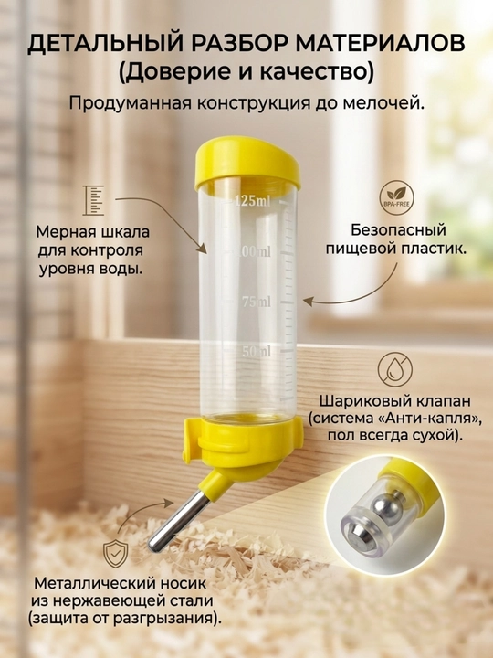 Kemiruvchilar va qushlar uchun avtomatik sug'orgich "Tomchilatmaydi", 125 ml