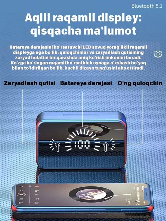 TWS simsiz quloqchin, raqamli ekran, shovqin o‘chiradi