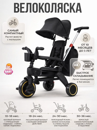 Детский складной трехколесный велосипед — BABYMOM-LUXMOM168GM-ЧЕРН