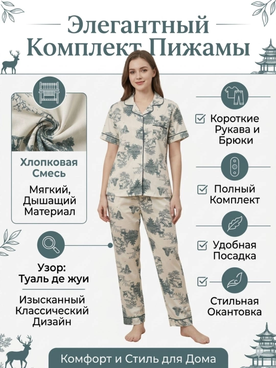Ayollar pijamasi "Tual de jui" uslubida, shim va ko'ylakli uy kiyimi to'plami (dvoyka)