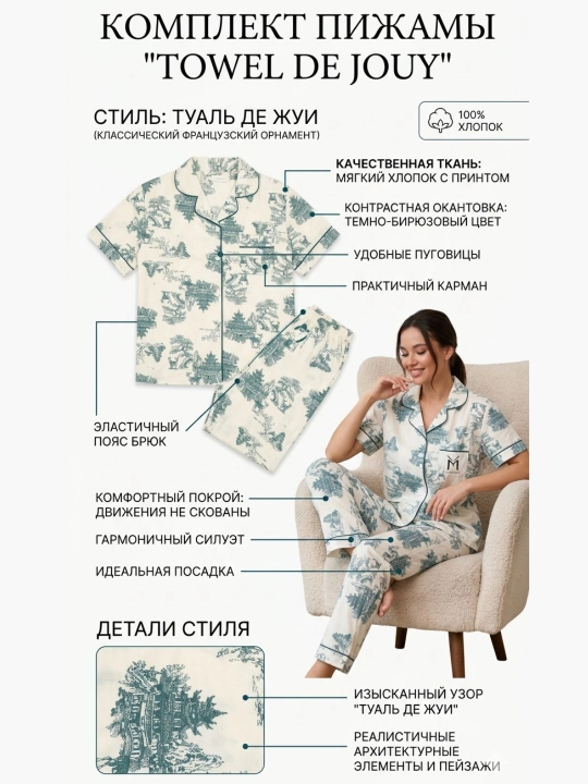 Ayollar pijamasi "Tual de jui" uslubida, shim va ko'ylakli uy kiyimi to'plami (dvoyka)